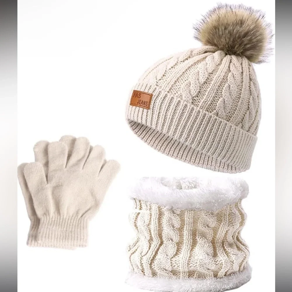 Beige NIP 3 Piece Winter Beanie Pom Pom Hat Neck Warmer Gloves Knit Fleece Lined